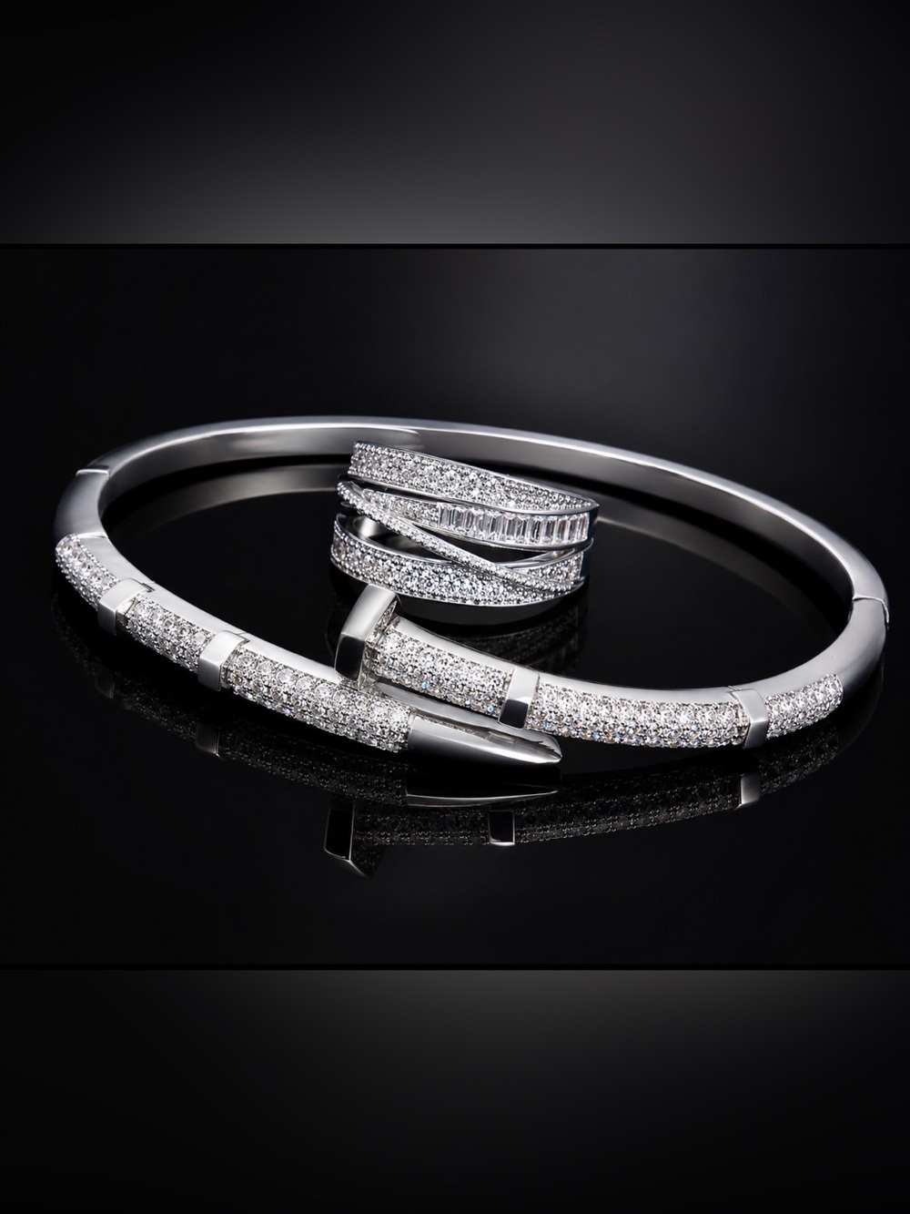 Elegant Silver-Tone Pave Crystal Bracelet and Ring Set